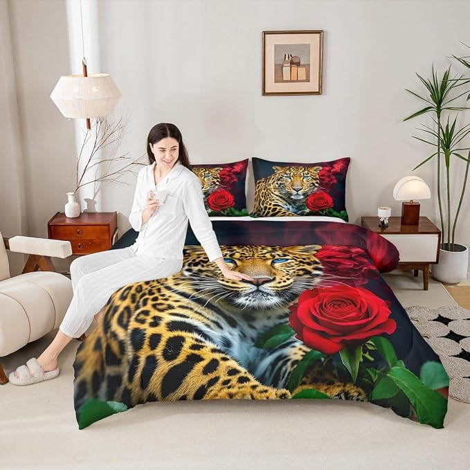 Erosebridal Leopard Bedding Set, Red Rose Cheetah Comforter Set Full Size for Kids Teens Adult Women Bedroom, African Safari Animal Duvet Sets Romantic Flower Down Comforter, Brown - Image 2
