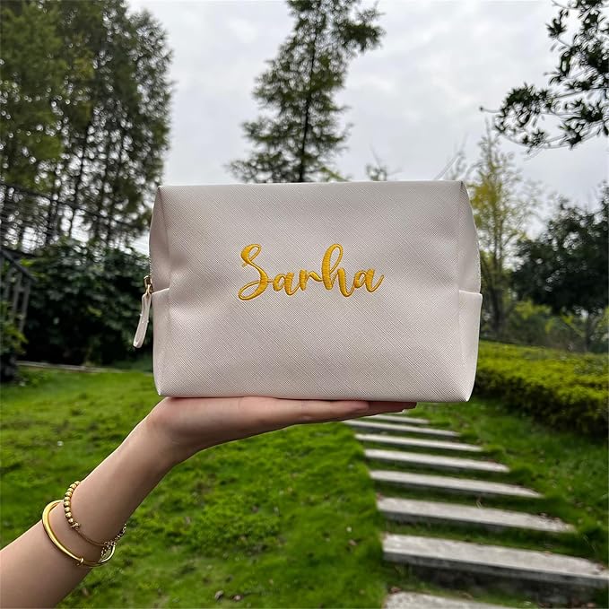 GOPHIE Embroidered Large Make up Bag,Personalized Skincare Bag,Cosmetic Travel Bags for Women Gift For Wedding,Set of 6, Beige - Image 5