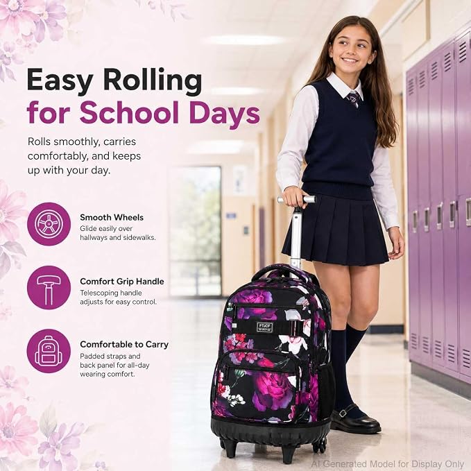 3Pcs Rolling Backpack for Girls, 19 Inche Rose Roller Bag with Wheels, Adults Wheeled Bookbag Set for Women(Black) - Image 7