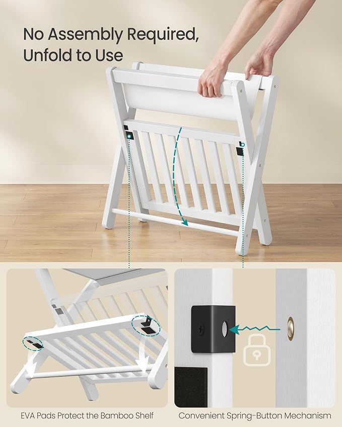 SONGMICS Bamboo Luggage Rack, Foldable Suitcase Stand, Luggage Holder with Storage Shelf, Synthetic Leather, Fully Assembled, Wipe-Clean, for Guest Room, Hotel, Bedroom, Cloud White URLR030WZ01 - Image 4