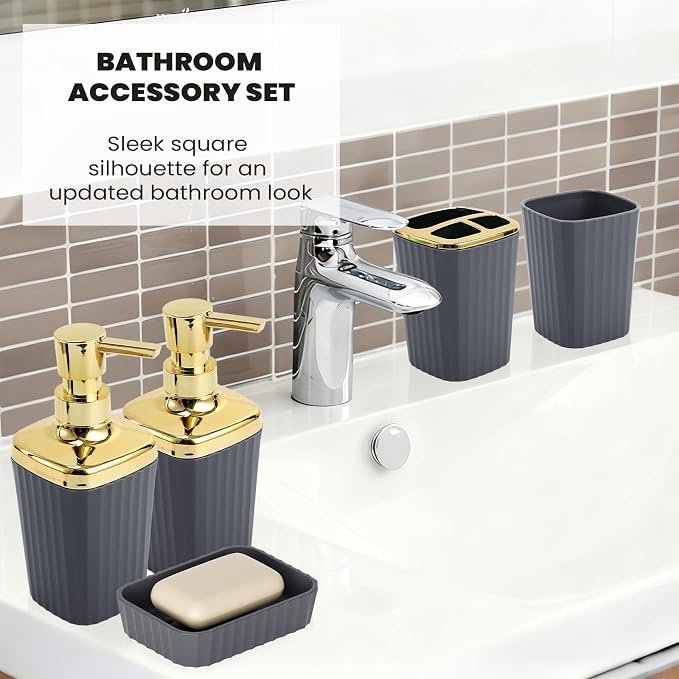 XLHOMO 9-Piece Dark Gray Bathroom Accessories Set - Durable & Sleek Kit with Slim Narrow Trash Can, Toilet Brush & Soap Dispensers - Space-Saving Modern Bathroom Decor - Image 4