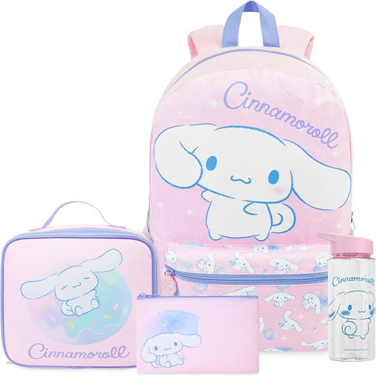 Get Trend Cinnamoroll Girls Backpack, Lunch Bag, Pencil Case, Water Bottle | Sanrio 4 Pc Set, 18in Bookbag, Insulated Lunch Bag, Pencil Pouch & 16.9 fl oz BPA-Free Water Bottle, School, Gifts for Girls by GetTrend