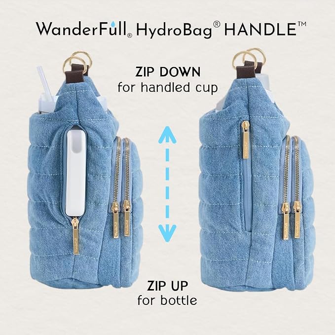 WanderFull Original HydroBag HANDLE®, Zipper for Handle, 40 oz Water Bottle Holder w/Strap, Crossbody Carrier Bag w/Phone Pocket, Tumbler Accessories - Light Denim - Image 7