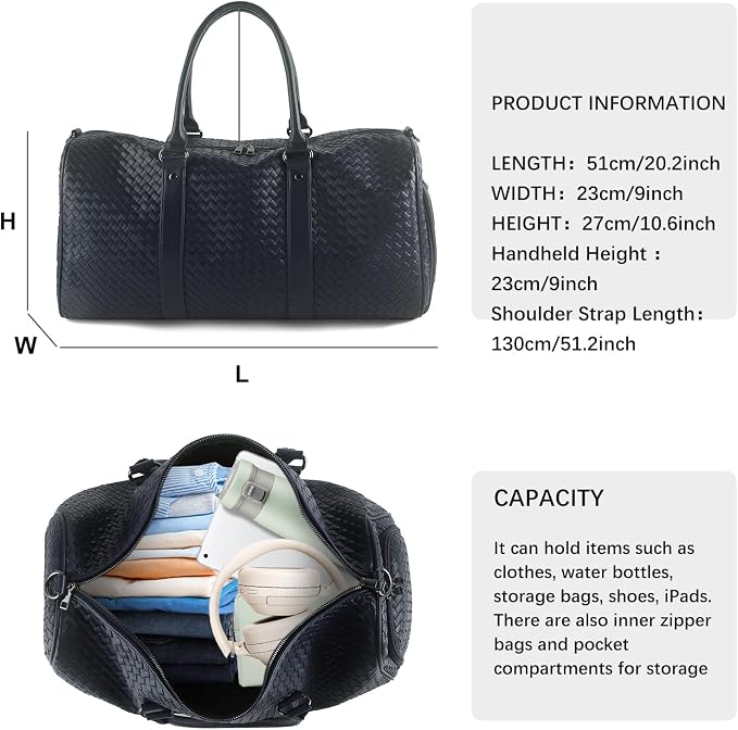 Weekender Bag for Women Men Water-resistant Gym Tote, Leather Woven Travel Duffel Bags with Shoe Compartment - Image 5