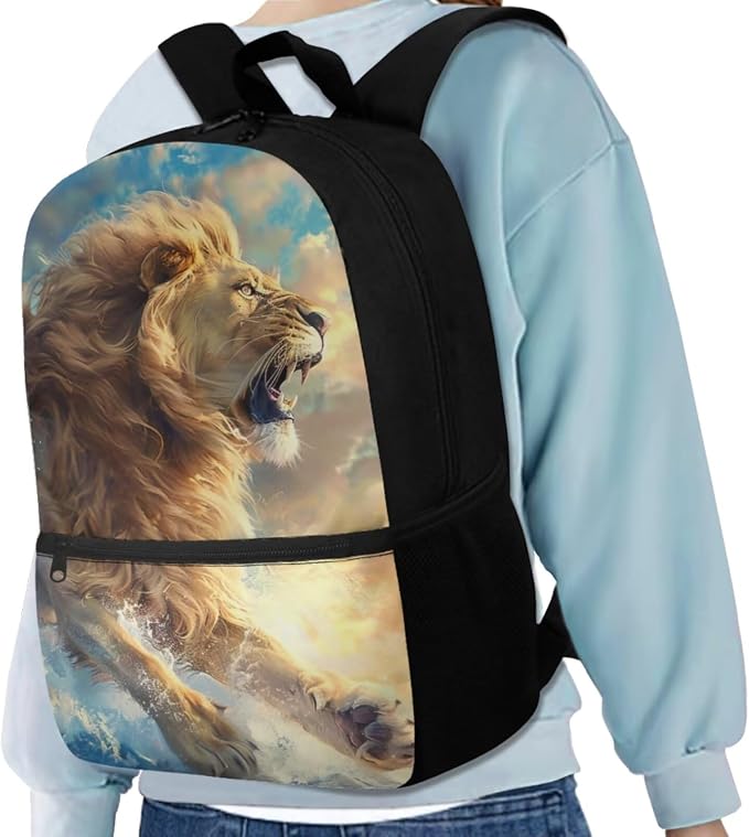 Lion Backpack for Kids Girls Backpack with Lunch Box Water Bottle Carrier and Canvas Pencil Pouch 4PCS Set Bookbag with Front Pocket 17 inch Soft Sturdy School Bag with Side Pocket for Boys - Image 2