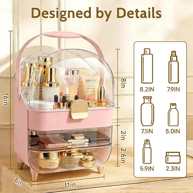 Makeup Organizer with 360 Rotating Brush Holder, Large Skincare Organizer for Vanity, Dustproof Cosmetic Display Case with 2 Drawers for Bathroom Countertop, 16" Tall Portable Beauty Storage,pink - Image 2
