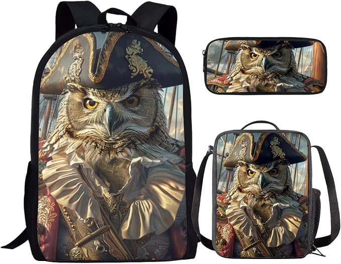 17 Inch Animal Print School Backpack And Lunch Box Set for Kids Lightweight Funny Owl Backpack for Boys Girls Sturdy School Bag with Insulated Lunchbox Pencil Case Student Bookbag by Parprinty