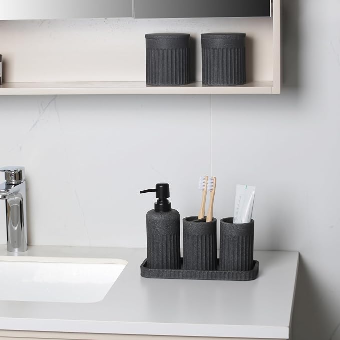 INIUNIK Bathroom Accessory Set - 6 Pieces Bathroom Accessories Set Complete with Soap Dispenser, Toothbrush Holders, Tumbler, Vanity Tray and 2 Qtip Holder for Home Organizer and Decor, Dark Grey - Image 3