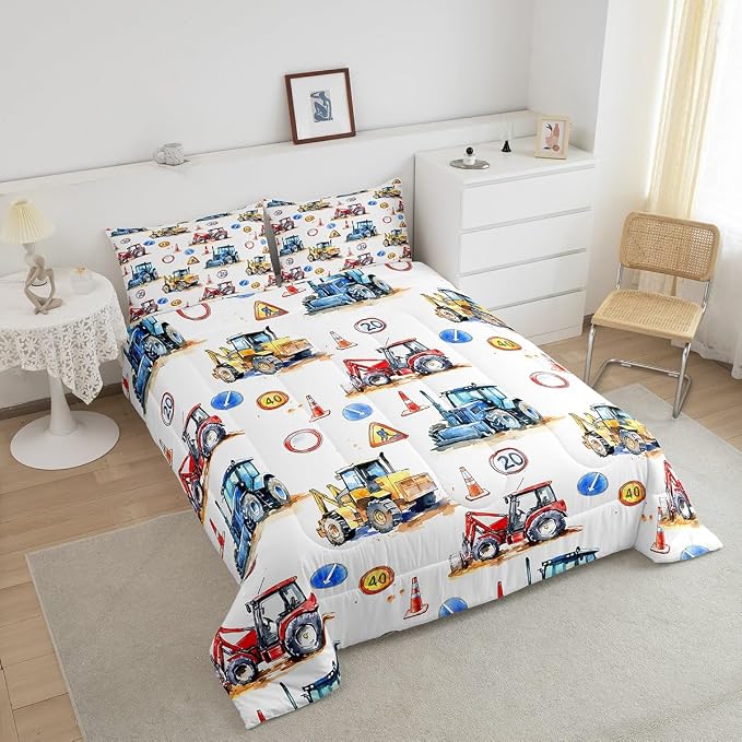 Erosebridal Boys Tractor Comforter Set Twin, Kids Construction Excavator Down Comforter Equipment Truck Duvet Sets for Boys Girls Children, Heavy Vehicle Crane Bedding Set with 1 Pillow Case - Image 3