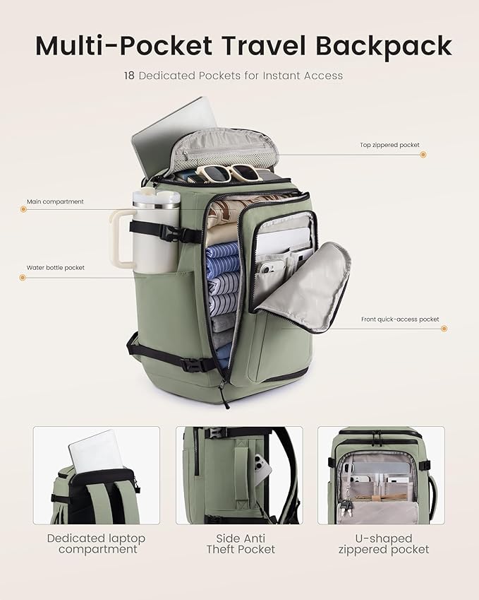 LOVEVOOK Travel Backpack for Women & Men, 25L Airline Approved Personal Item Carry On Backpack, Lightweight with 2 Packing Cubes, Waterproof Daypack for Work, Gym & Weekend Travel, Slate Green-Black - Image 5