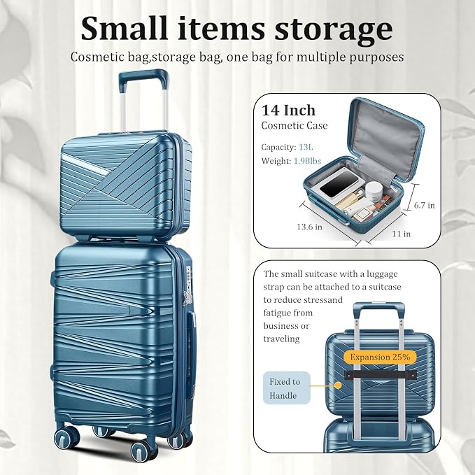 TRAVELEO 4 Piece Carry On Luggage Set 20 Inch, Expandable PP Hardshell Suitcase with Detachable Spinner Wheels TSA Lock, Includes Cosmetic Case, Travel Tote & Toiletry Bag, Lightweight (Peacock Blue) - Image 3