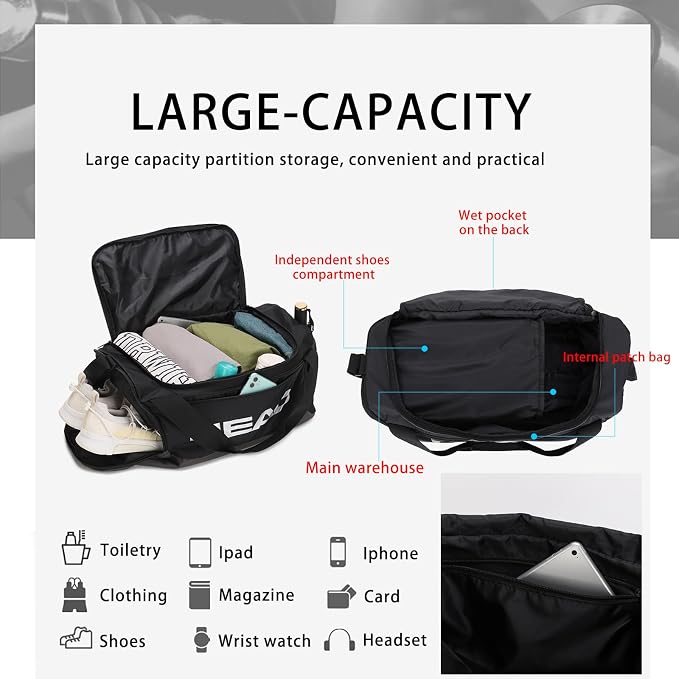 HEAD 45L Gym Duffel Bag with Separate Shoe Compartment & Wet Pocket for Men | Waterproof, Large Openning, with side pocket&inner large zipper pocekt, for Sport, Workout, Fitness, Swimming, Travel - Image 6
