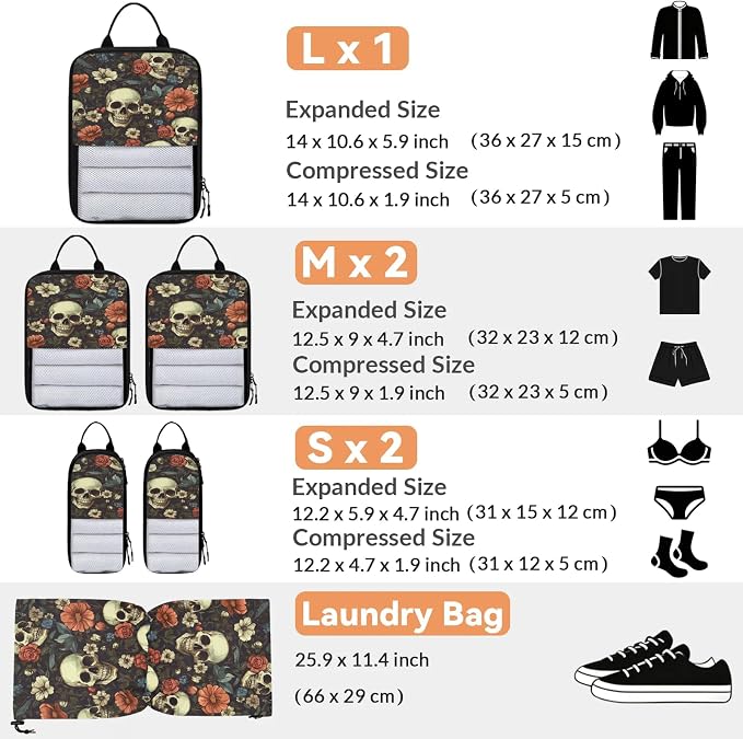 Floral Skull 6 Set Compression Packing Cubes for Travel Luggage Carry On Suitcase Compressible Expandable Packing Cubes Organizers Bag - Image 2