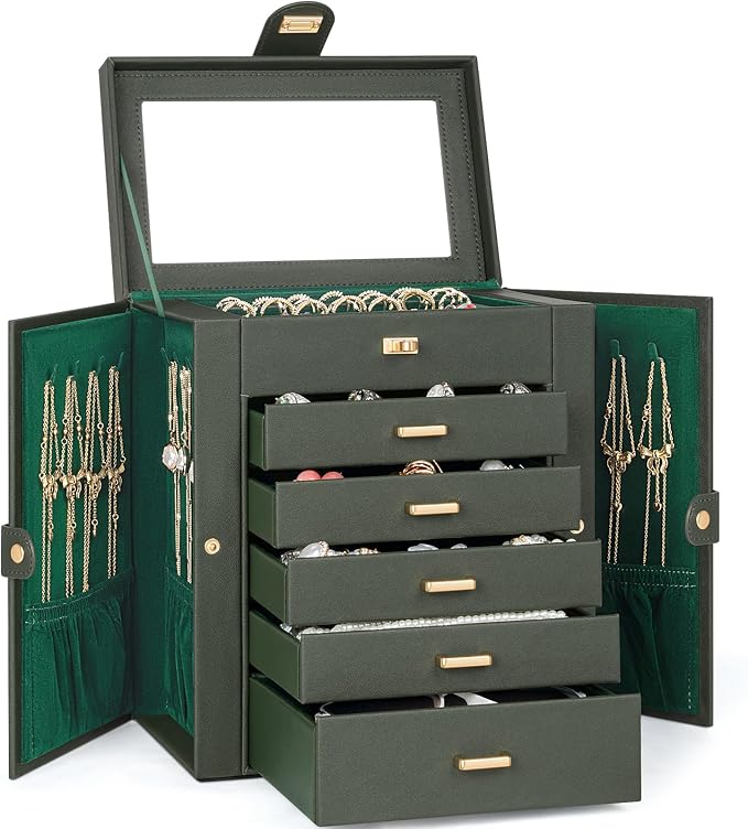 AKOZLIN 6-Tier Jewelry Box Organizer Functional 5 Drawers Leather Jewelry Storage Case for Women Girls Ring Necklace Earring Bracelet Holder Organizer with Mirror Medium Dark Green - Image 7