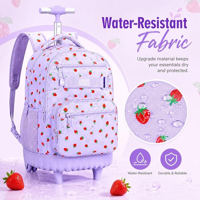 3Pcs Rolling Backpack for Girls, School Roller Bookbag with Wheels, Strawberry Wheeled Backpacks Set for Women (Purple) - Image 3