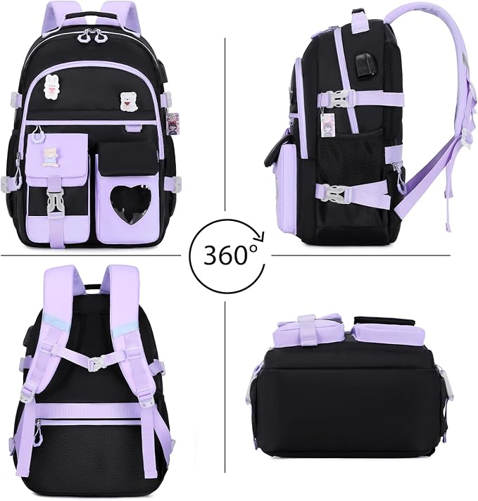 ACESAK Backpack for Girls - Bookbag Backpacks Schoolbag for Girls Kids Teen Women Casual Travel Daypacks - School Bag Elementary Middle School College Cute Backpack with Lunch Box (Purple Black) - Image 5