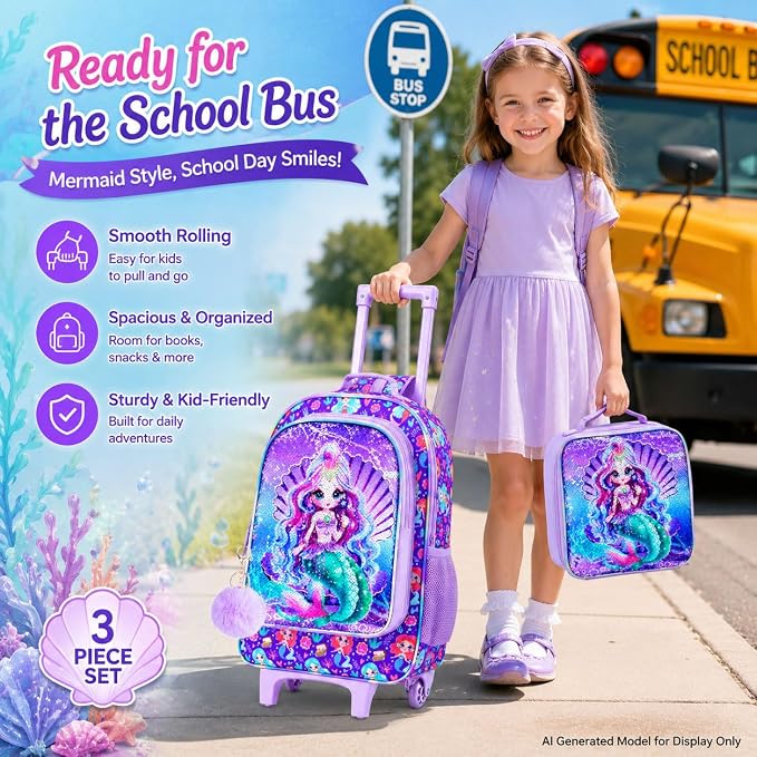 AGSDON 3PCS Rolling Backpack for Girls Boys, Kids Roller Wheels Bookbag, Wheeled School Bag with Lunch Bag - Image 8