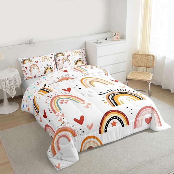 Rainbow Comforter Set King For Girls, Red Love Heart Kawaii Bedding Set Bohemian Exotic Quilt Hand Drawn Iridescent Down Comforter For Kids Boys Children Teens Women Bedroom Decor, Colorful - Image 4