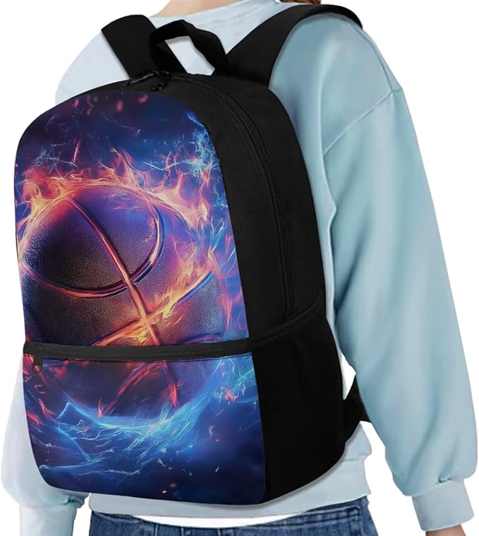 Fire Basketball Backpack for School Boys Backpack with Lunch Box Water Bottle Bag and Big Pencil Case 4PCS Set Bookbag with Front Pocket 17" Lightweight School Bag with Side Pocket for Kids - Image 2