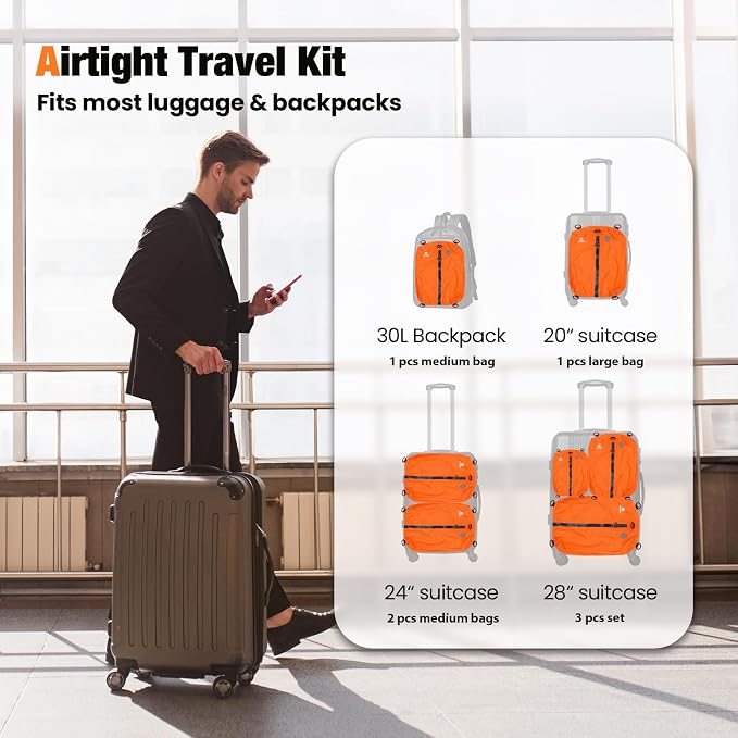 3 Pack Vacuum Bags for Travel with Pump, 3-Size Set Reusable Vacuum Compression Bags for Luggage, Space Saver IP67 Waterproof Vacuum Packing Cubes for Suitcase&Backpack, Orange - Image 5
