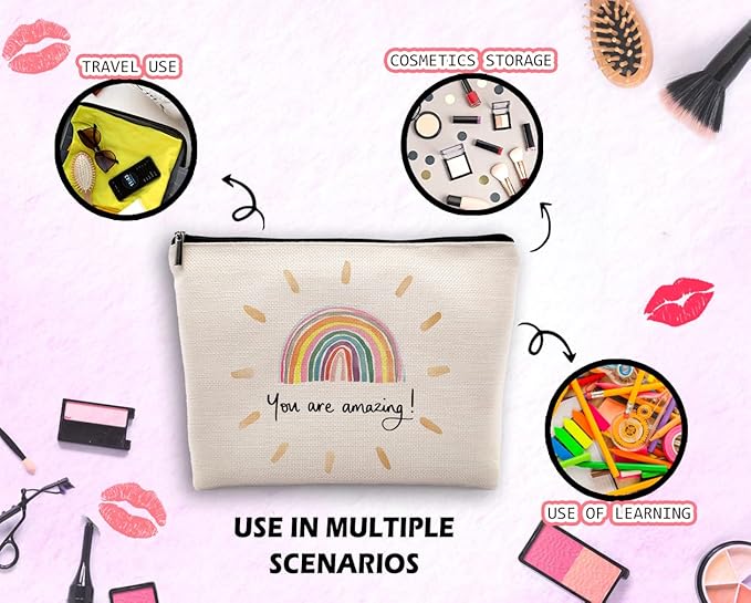 You Are Amazing Makeup Cosmetic Bag, Watercolor Rainbow Linen Makeup Travel Toiletry Bag, Inspirational Cosmetic Bag Gifts For Women Girls Wife Her Sister Mom Girlfriend