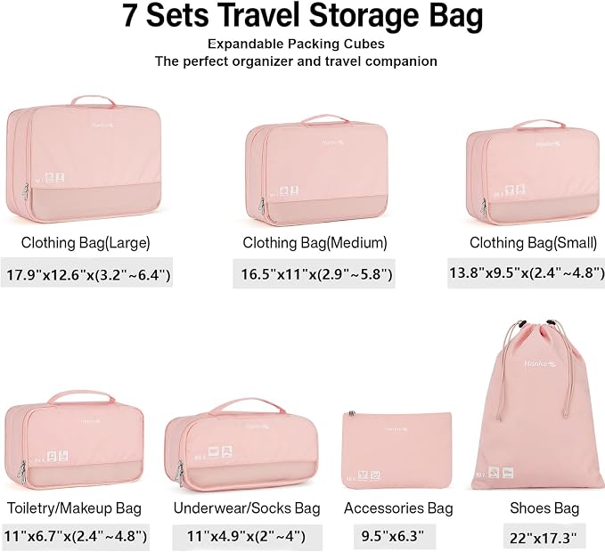 Hanke 7 Piece Expandable Compression Packing Cubes, Premium Travel Packing Organizers for Suitcases/Carry On, Luggage Organizer Bags with Breathable Mesh & Label - Image 2