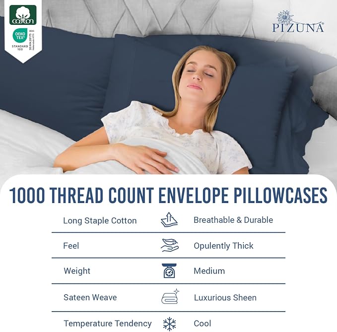 Pizuna 100% Cotton Pillow Cases King Size Set of 2 Luxury 1000 Thread Count Sateen Weave Long Staple Cotton Hotel Quality Envelope Closure Pillow Covers Fits King Pillows - Dark Blue - Image 2