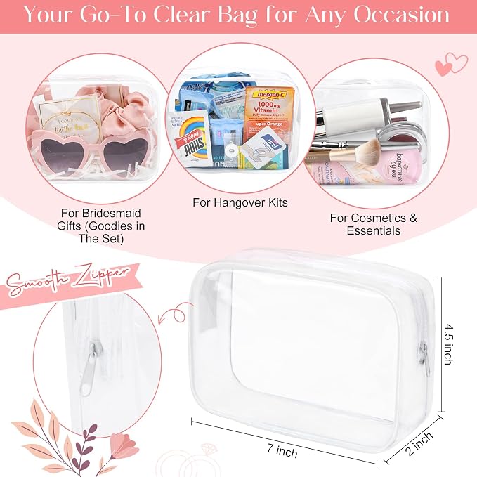 DEEKA 30 Pcs Bridesmaid Proposal Bag Set Gift Clear Makeup Toiletry Bag Bachelorette Party Favors Sunglasses Hair Claw Clips Scrunchies Knot Bracelets Bridal Wedding Party Gifts (Pink) - Image 3