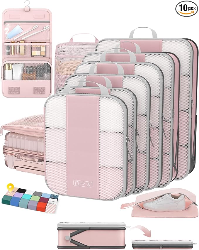 OlarHike 10-Pack Compression Packing Cubes for Travel Essentials,Compressible Expandable Packing Cubes for Suitcase,Luggage Garment Bags for Travel,Handy Helper for Organizing Clothes(Pink) by OlarHike