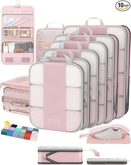 OlarHike 10-Pack Compression Packing Cubes for Travel Essentials,Compressible Expandable Packing Cubes for Suitcase,Luggage Garment Bags for Travel,Handy Helper for Organizing Clothes(Pink) by OlarHike
