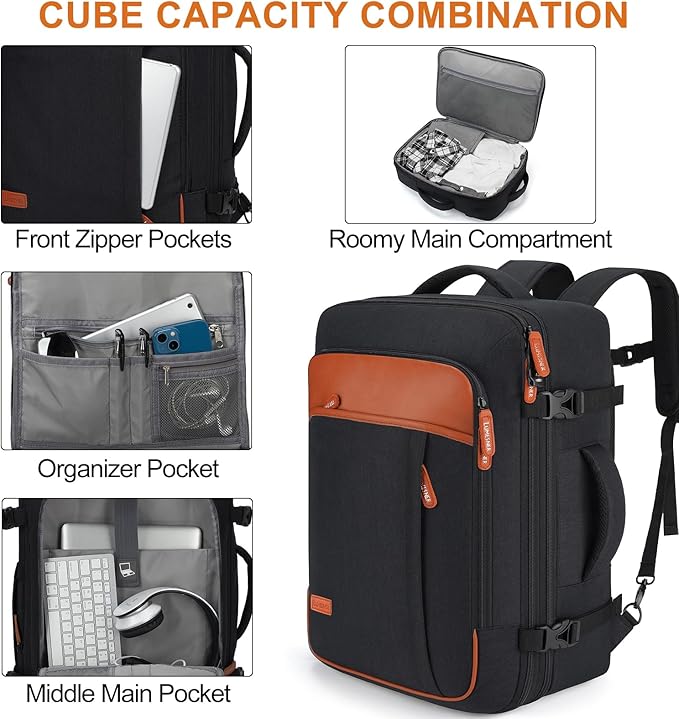 Lumesner 40L Expandable Carry On Travel Backpack with 4 Packing Cubes | Flight Approved, Fits 17 inch Laptop, Water-resistant, Suitcase Backpack, Business Weekender Luggage, Gift for Men & Women - Image 5