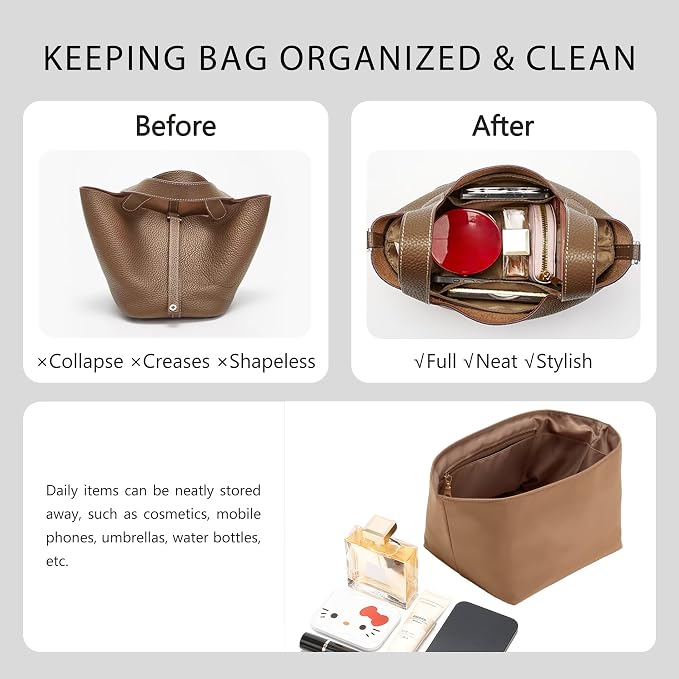 Picotin 18 Bag Insert Premium Nylon, Luxury Smooth Picotin 18 Purse Organizer Insert with Zipper Pockets, Soft Touch Inner Liner for Women's Handbags(PC18, Etoupe Grey) - Image 5
