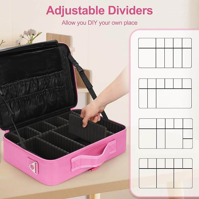 Relavel Makeup Case Large Makeup Bag Professional Train Case Travel Cosmetic Organizer Brush Holder Waterproof Makeup Artist Storage Box, 3 Layer Large Capacity, with Adjustable Strap, Rose Pink - Image 2