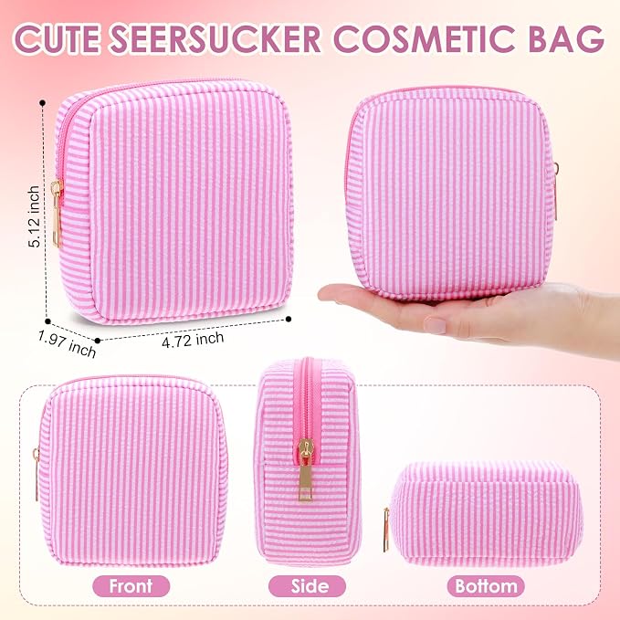 Sanwuta 6 Seersucker Cosmetic Bag Bulk Striped Makeup Bag for Women Aesthetic Cute Travel Toiletry Organizer Preppy Storage Pouch for Wedding Bridesmaid Mother's Day Teacher Gift (Small,Pink) - Image 2