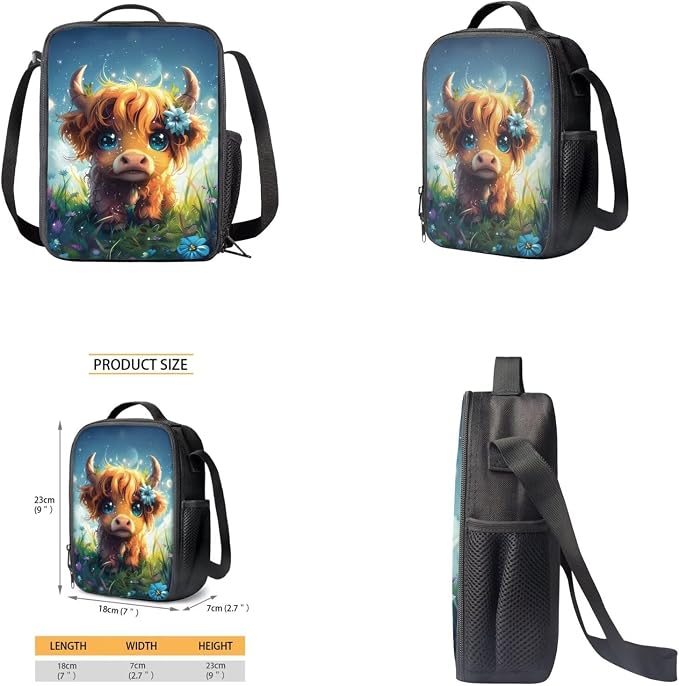 Highland Cow Backpack for Girls Kids Backpack with Lunch Box Water Bottle Carrier and Cute Pencil Case 4PCS Set Bookbag with Front Pocket 17 inch Large Capacity School Bag for Elementary Girls - Image 4