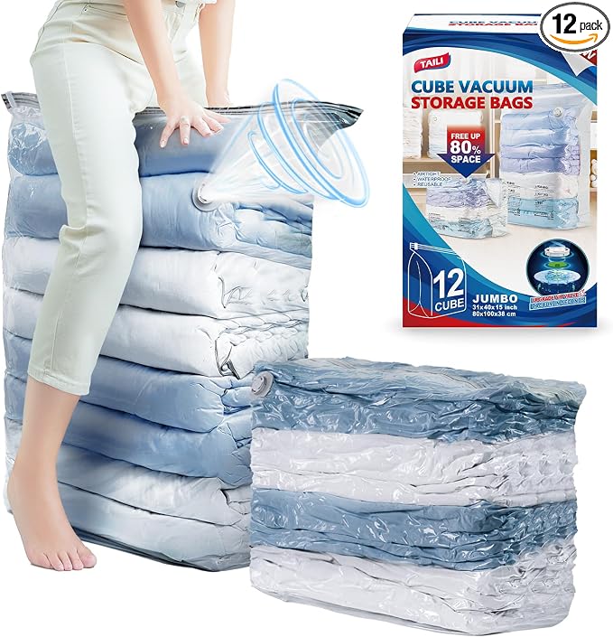 TAILI 12 Pack Vacuum Storage Bags, Jumbo Cube Space Saver (31x40x15 Inch), XL Large Vacuum Seal Bags for Comforters, Blankets, Bedding, Clothing, No Pump Compression Cube, Clear by TAILI