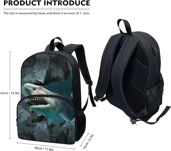 Kids Teen Backpack with Lunch Tote Pencil Case Set for Elementary Middle School 3D Shark Print Backpack with Front Pocket Lightweight School Bags Daypack for Outdoor Sports Travel - Image 5