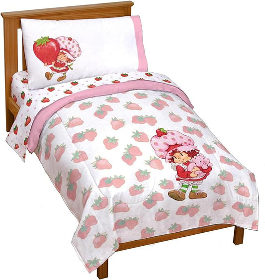 Strawberry Shortcake Toddler Comforter Set 4 Piece Kids Bedding, Pink | Bed in a Bag, Comforter Sheets Pillowcase, Official Brand, Soft Microfiber, Machine Washable, Easy Care, Girls Gift by JayFranco