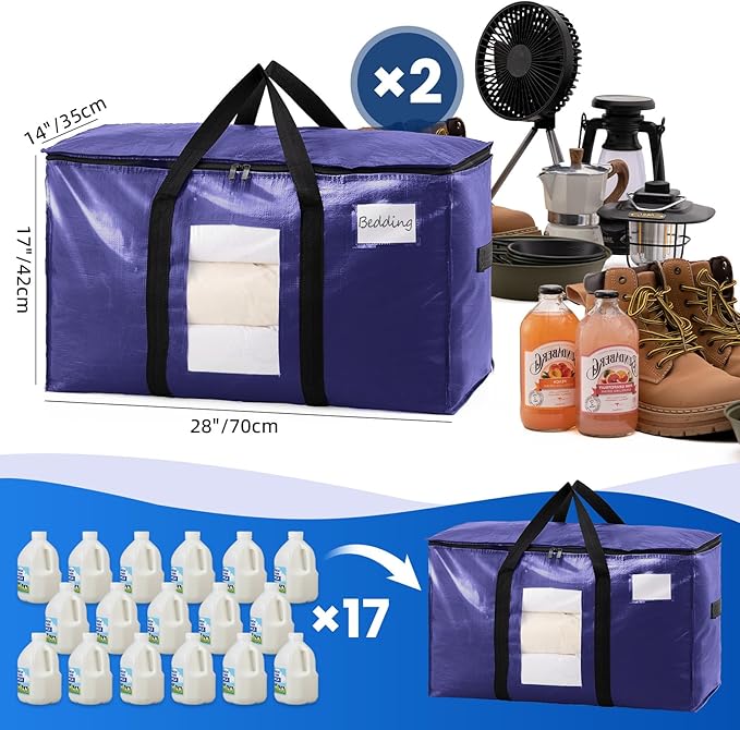 TAILI 2 Pack Dark Blue Extra Large Moving Bags, Heavy Duty Totes with Visible Window, Wrap Around Handles, Great for Storage - Image 2
