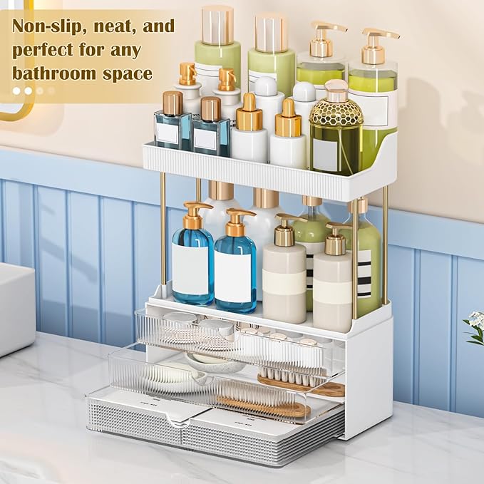 caktraie 12.2" W Makeup Organizer Drawers - 5 Tiers Bathroom Counter Organizer, Cosmetic Storage Drawer for Dresser Countertop and Bathroom Vanity for Large Skincare, Perfume, Clear - Image 2