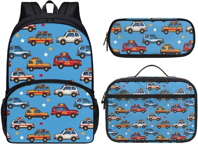 Boys Girls Backpack Waterproof Cartoon Truck Cars School Bag for Kids 3 Piece Backpacks with Insulated Lunch Bag and Pencil Case School Supplies Teen Large Capacity School Bookbag by Dremagia