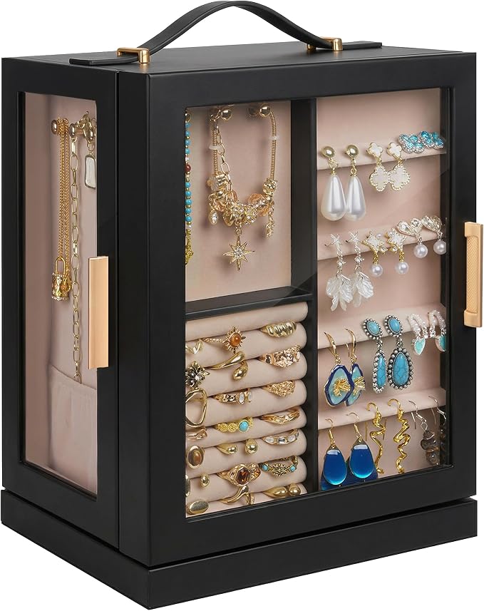 360° Rotating 5‑Drawers Jewelry Box with Top Handle & Glass Window, Spacious Vertical Jewelry Organizer, Jewelry Storage Case, Dustproof & Moisture‑resistant Design, Black by Unknown