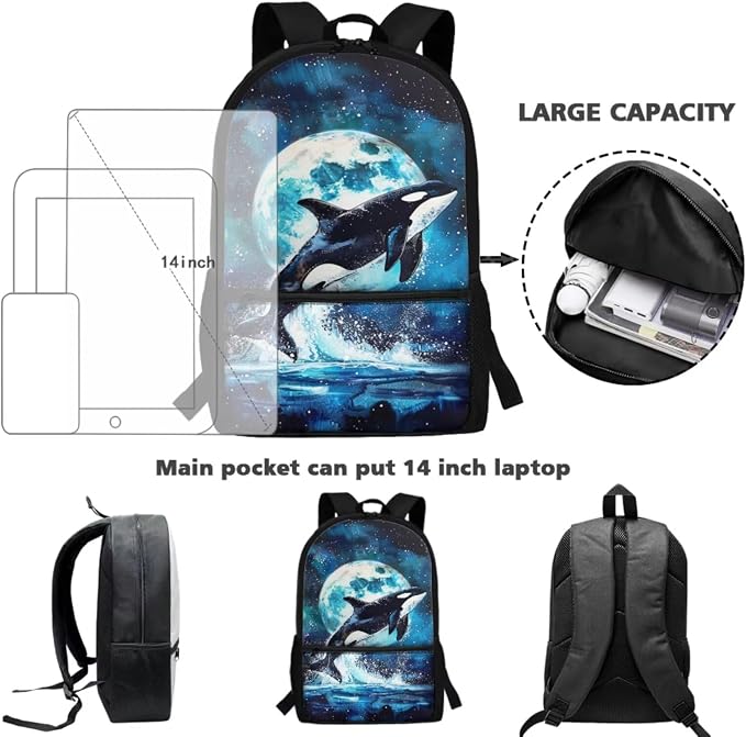 Killer Whale Backpack for School with Lunchbox and Pencil Case Moon Night Kids Bookbag and Lunch Box Set Elementary Schoolbag Lunchbox 3 in 1 Back To School Bag Lunch Bag - Image 4