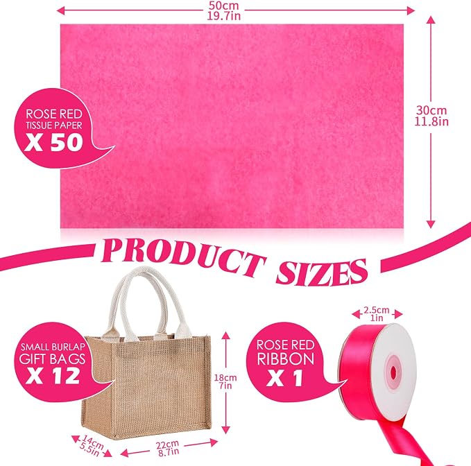 Shinylin 12 Pack Burlap Tote Bags Bulk with Handles Small Wedding Jute Bag with Rose Red Tissue Paper & Ribbon, Reusable Party Favor Welcome Bags for Bridesmaid Proposal Bridal Shower Galentine's Day - Image 2