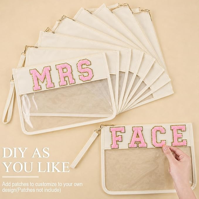 Sweetude 24 Pcs Clear Makeup Bags with Wristlet Pouch DIY Chenille Letter Bag Bulk Waterproof Toiletry Flat Preppy Nylon Clear Zipper Pouches Snack Organizer for Women (Cream White) - Image 3