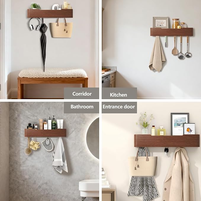 Wall Mounted Coat Rack with Shelf, Wooden Entryway Organizer with Hidden Metal Hooks for Hanging Coats Bags Keys, Modern Floating Shelf for Hallway Bathroom - Image 6