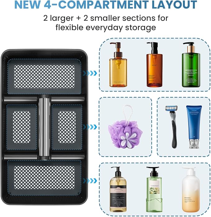 BYUNER 2Pack Plastic Shower Caddy: Portable Hard Bathroom Basket Tote with Handle, 4 Divided Compartments, All-Side Drainage, Non-Mesh Shower & Cleaning Caddy Organizer for College Dorm, Black/Silver - Image 6
