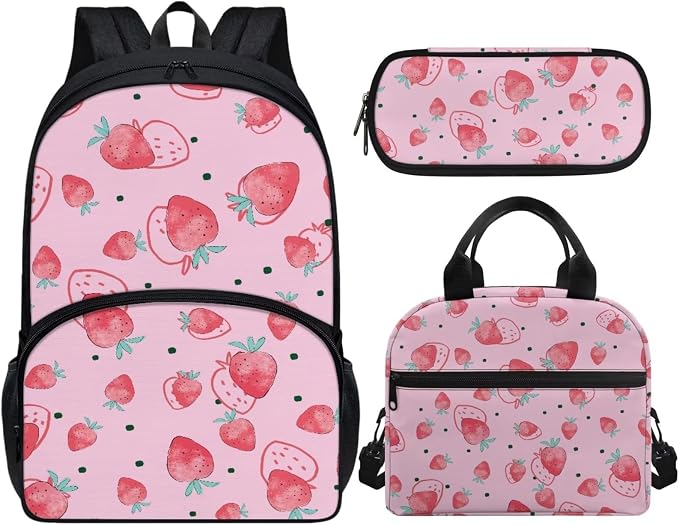 Pink Strawberry Backpack Set for Girls Kids Lightweight Cute School Backpack with Lunch Box Pencil Case Adjustable Strap Padded Book Bag Insulated Lunch Bag - Image 2