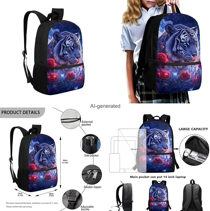 Aesthetic Tiger Backpack for Kids Girls Backpack with Lunch Box Water Bottle Holder and Soft Pencil Case 4PCS Set Lightweight Bookbag with Front Pocket for School 17 inch Sturdy School Bag - Image 3