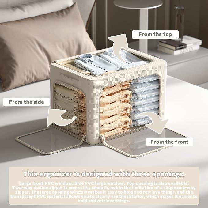 3Pack Clothes Storage Bins - Oxford Frame Storage Box Foldable Stackable Storage Organizer with 3 Openings Design, Metal Frame, Clear Window, Carry Handles (Beige, 100L-23.6 * 16.5 * 15.7in) - Image 2